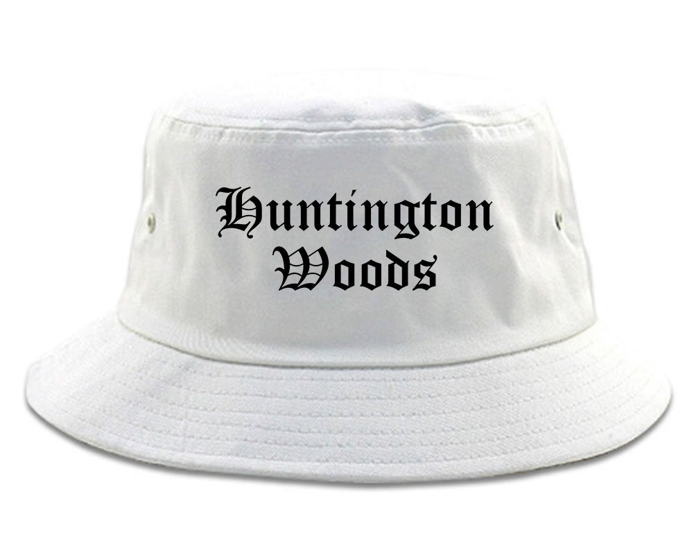 Huntington Woods Michigan MI Old English Mens Bucket Hat White