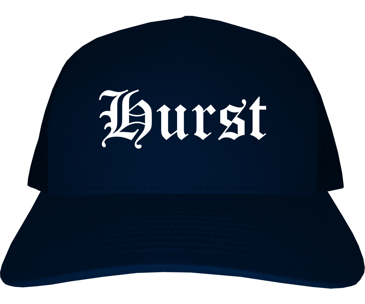 Hurst Texas TX Old English Mens Trucker Hat Cap Navy Blue