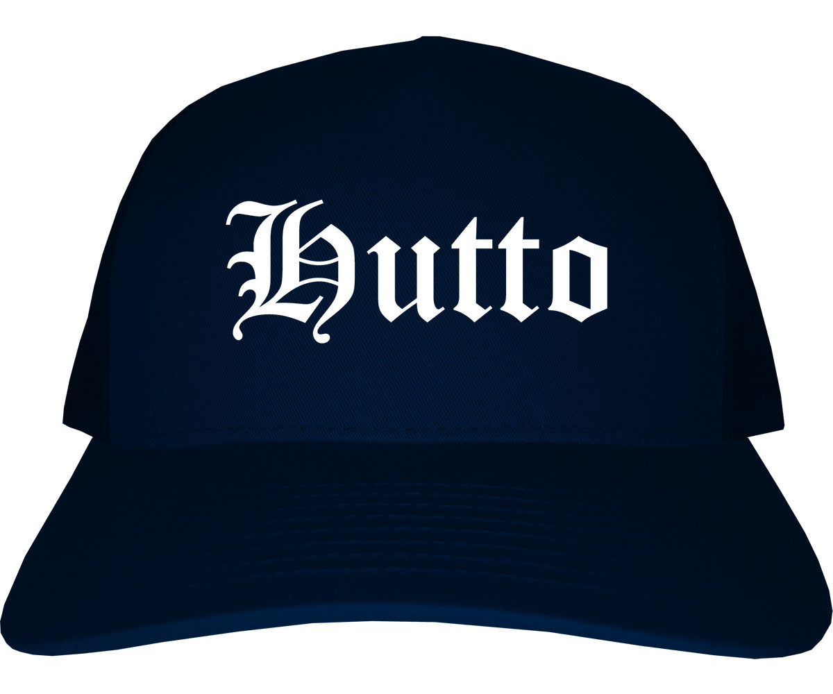 Hutto Texas TX Old English Mens Trucker Hat Cap Navy Blue