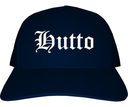 Hutto Texas TX Old English Mens Trucker Hat Cap Navy Blue