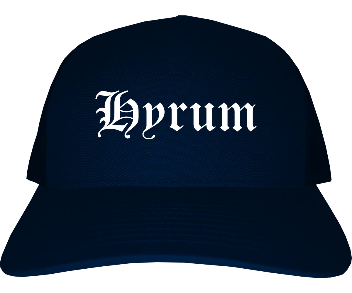 Hyrum Utah UT Old English Mens Trucker Hat Cap Navy Blue