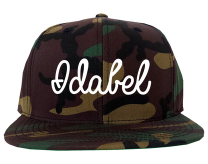Idabel Oklahoma OK Script Mens Snapback Hat Army Camo