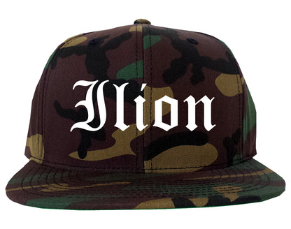 Ilion New York NY Old English Mens Snapback Hat Army Camo