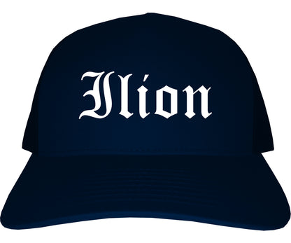 Ilion New York NY Old English Mens Trucker Hat Cap Navy Blue