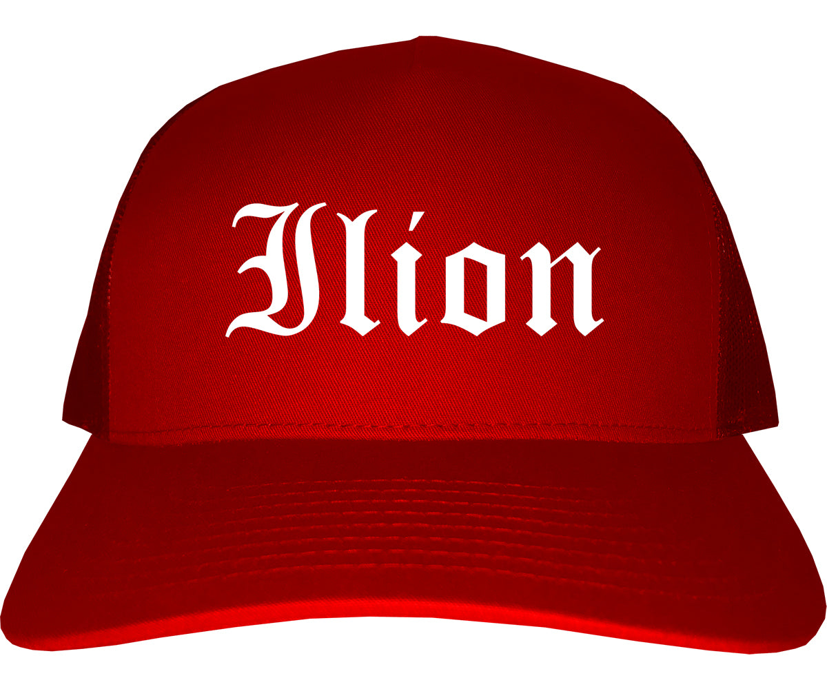 Ilion New York NY Old English Mens Trucker Hat Cap Red