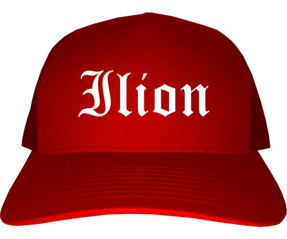 Ilion New York NY Old English Mens Trucker Hat Cap Red