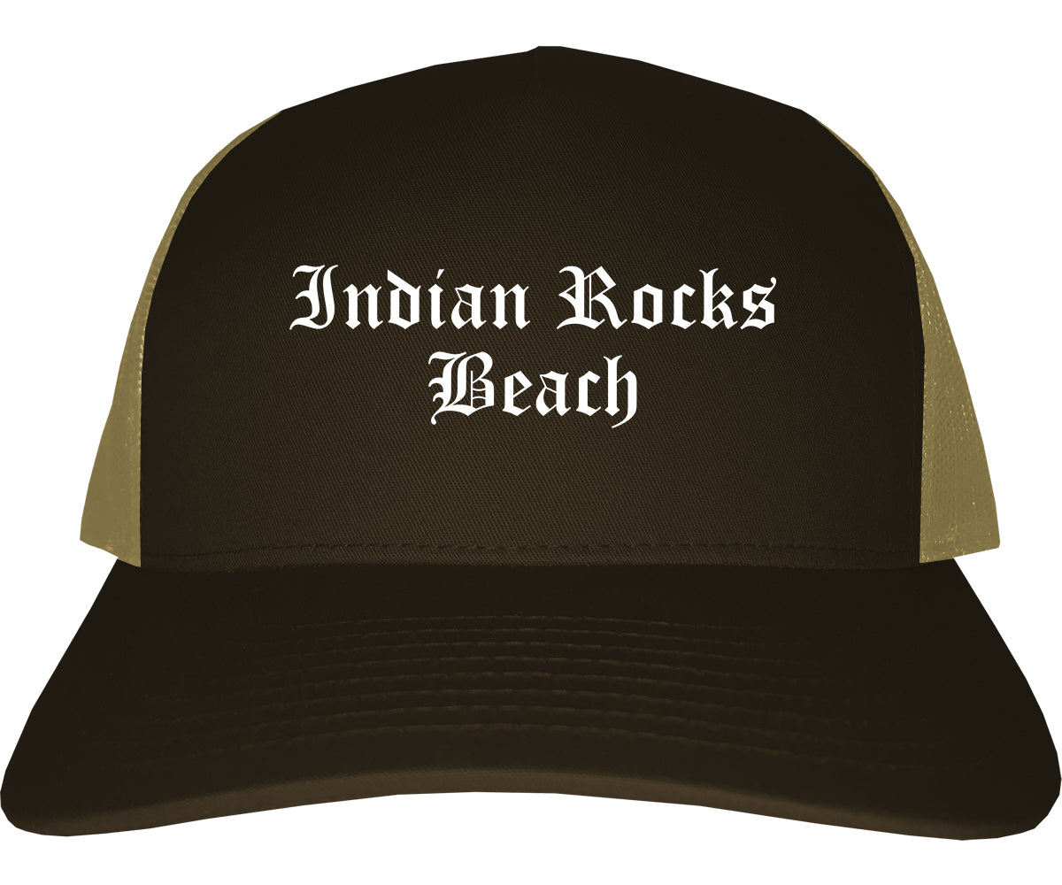 Indian Rocks Beach Florida FL Old English Mens Trucker Hat Cap Brown