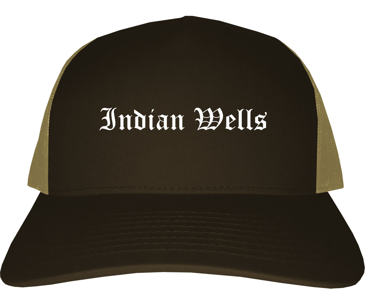 Indian Wells California CA Old English Mens Trucker Hat Cap Brown