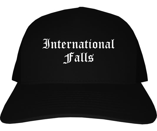 International Falls Minnesota MN Old English Mens Trucker Hat Cap Black