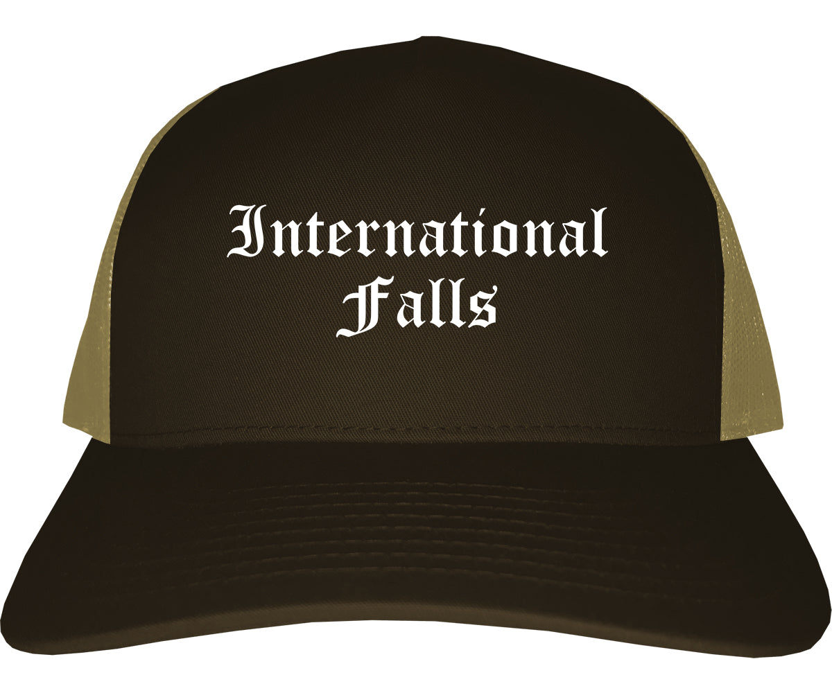 International Falls Minnesota MN Old English Mens Trucker Hat Cap Brown