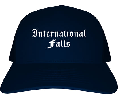 International Falls Minnesota MN Old English Mens Trucker Hat Cap Navy Blue