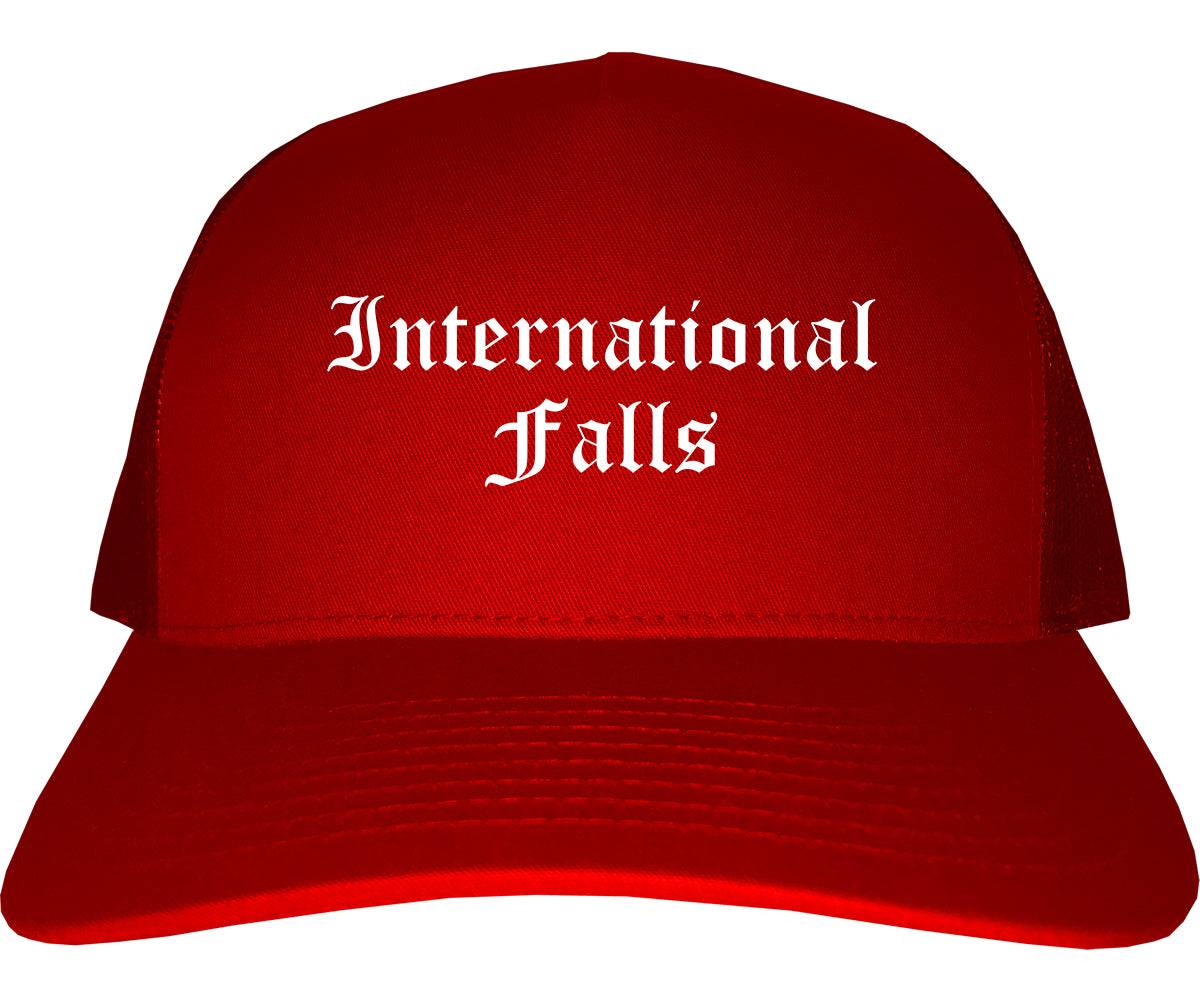 International Falls Minnesota MN Old English Mens Trucker Hat Cap Red