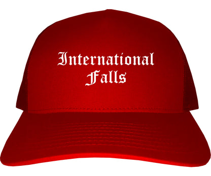 International Falls Minnesota MN Old English Mens Trucker Hat Cap Red