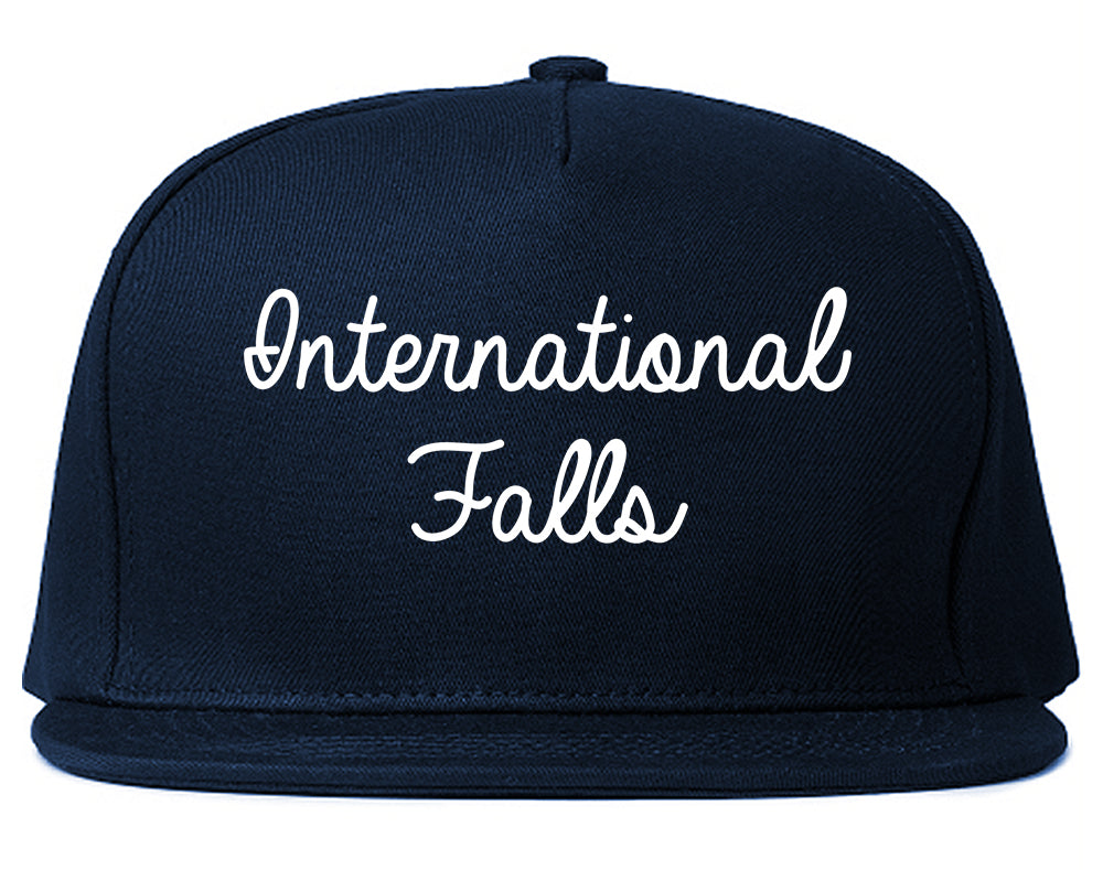 International Falls Minnesota MN Script Mens Snapback Hat Navy Blue