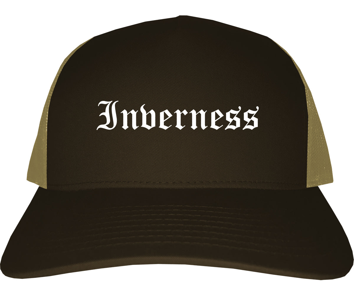 Inverness Florida FL Old English Mens Trucker Hat Cap Brown