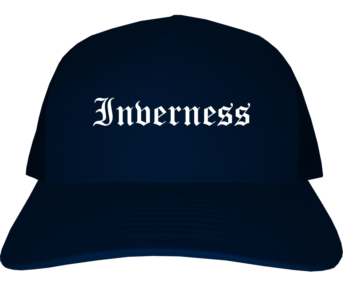 Inverness Florida FL Old English Mens Trucker Hat Cap Navy Blue
