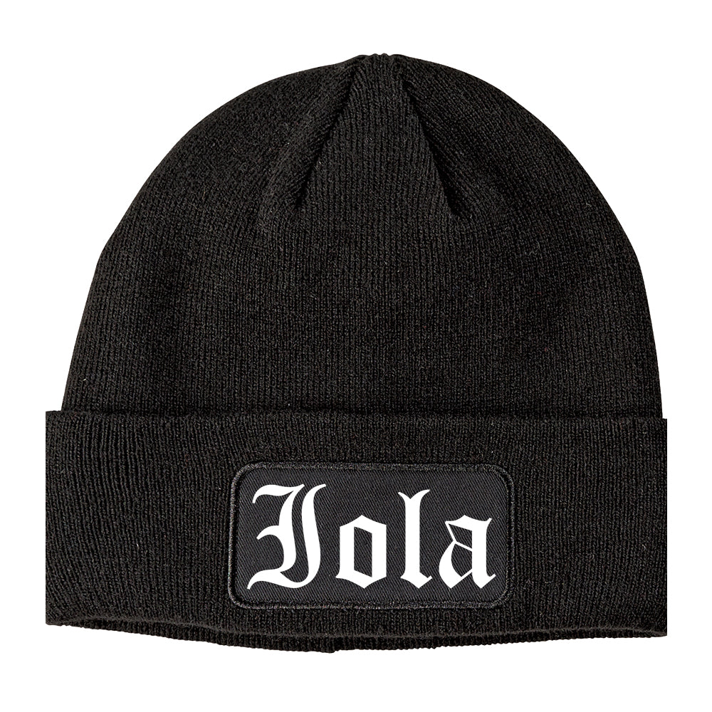Iola Kansas KS Old English Mens Knit Beanie Hat Cap Black