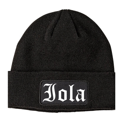 Iola Kansas KS Old English Mens Knit Beanie Hat Cap Black