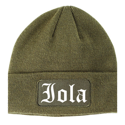 Iola Kansas KS Old English Mens Knit Beanie Hat Cap Olive Green