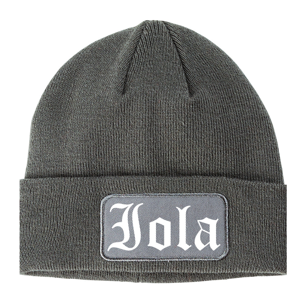 Iola Kansas KS Old English Mens Knit Beanie Hat Cap Grey