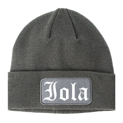 Iola Kansas KS Old English Mens Knit Beanie Hat Cap Grey