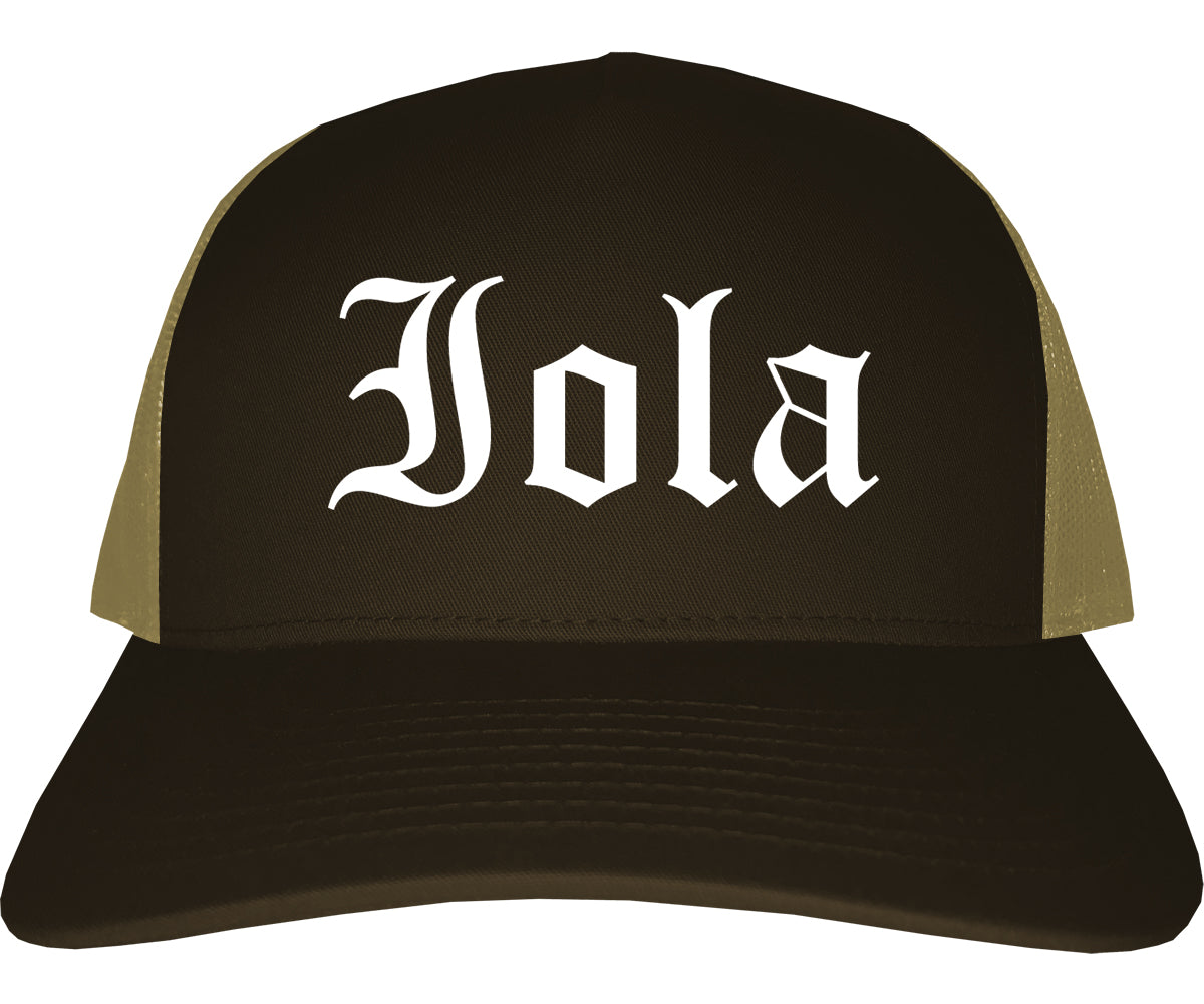 Iola Kansas KS Old English Mens Trucker Hat Cap Brown