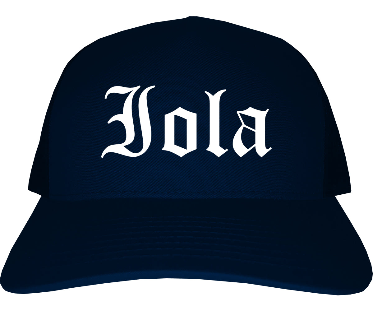 Iola Kansas KS Old English Mens Trucker Hat Cap Navy Blue