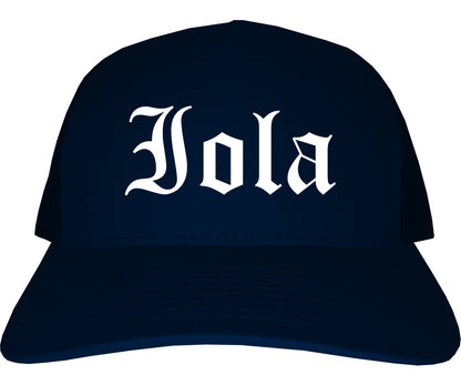 Iola Kansas KS Old English Mens Trucker Hat Cap Navy Blue