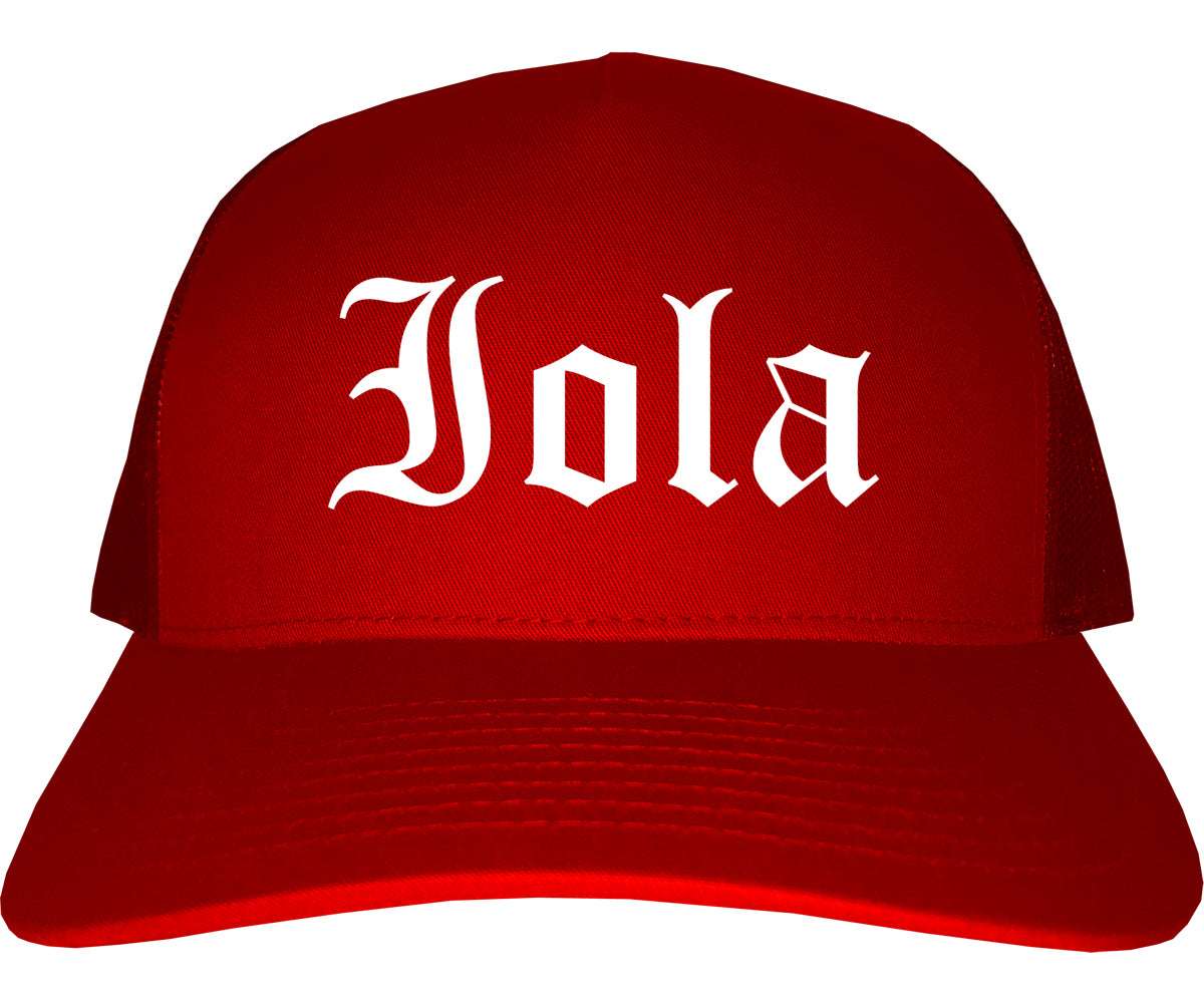Iola Kansas KS Old English Mens Trucker Hat Cap Red