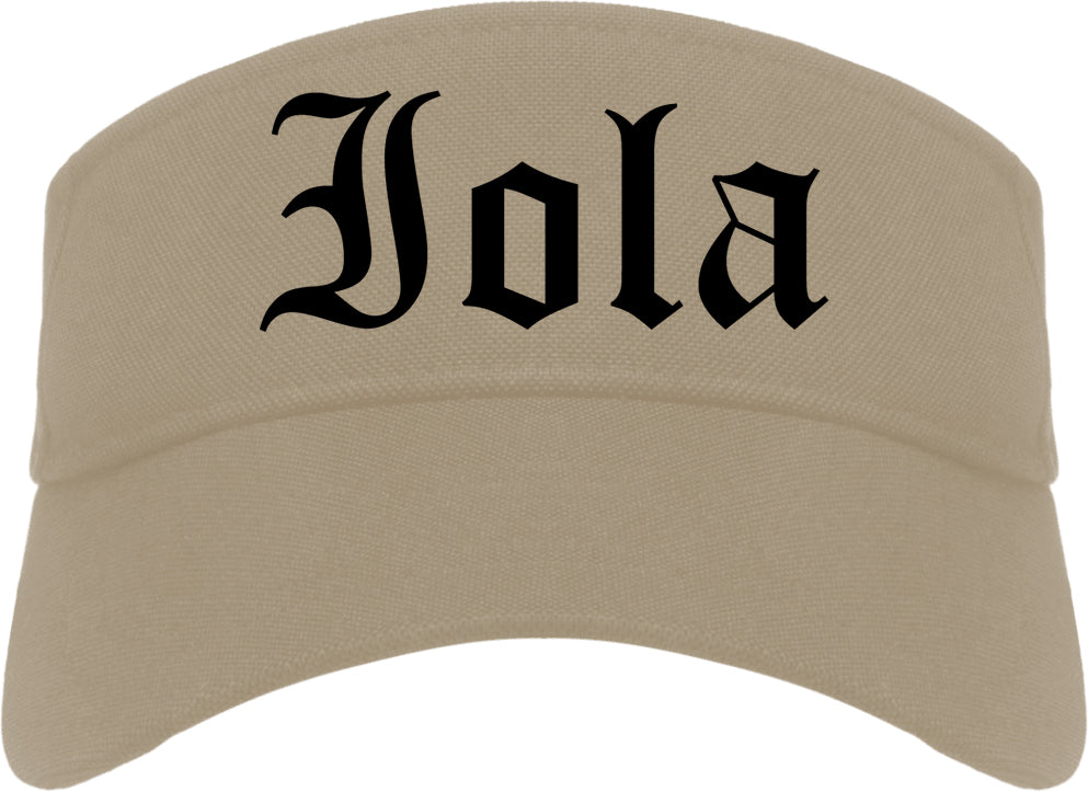 Iola Kansas KS Old English Mens Visor Cap Hat Khaki
