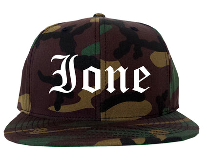 Ione California CA Old English Mens Snapback Hat Army Camo