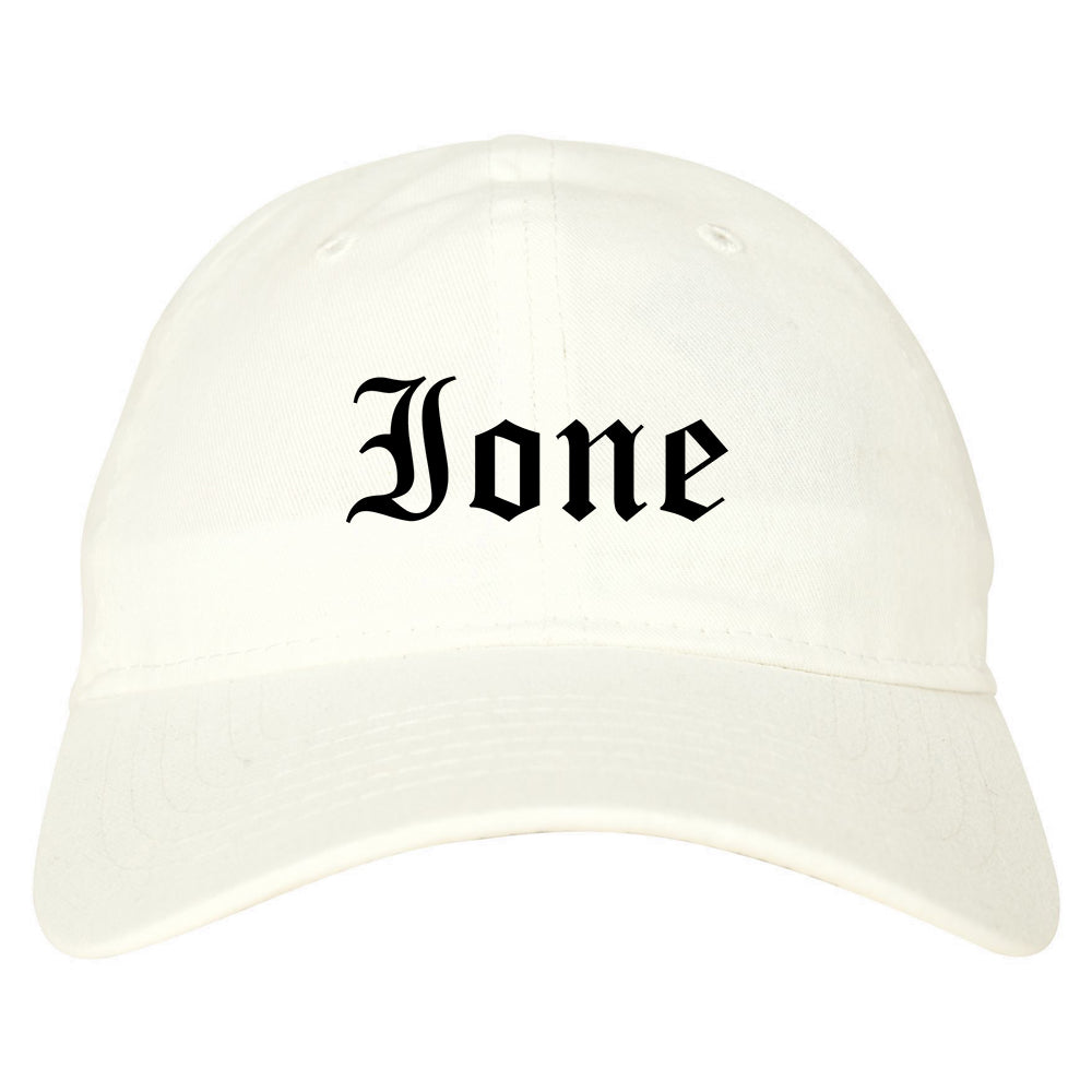 Ione California CA Old English Mens Dad Hat Baseball Cap White