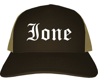 Ione California CA Old English Mens Trucker Hat Cap Brown