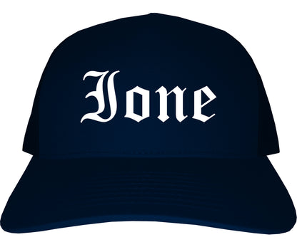 Ione California CA Old English Mens Trucker Hat Cap Navy Blue