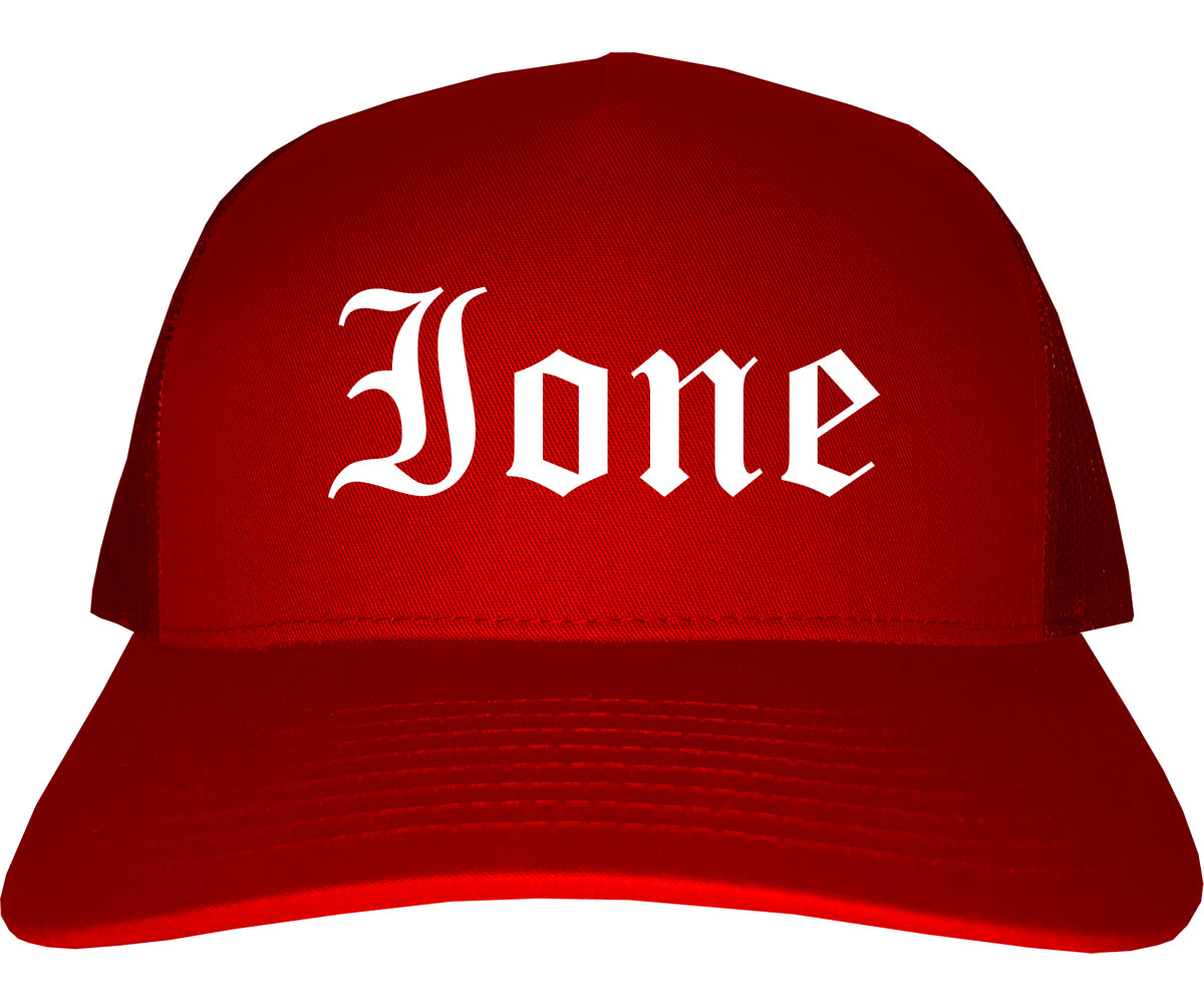 Ione California CA Old English Mens Trucker Hat Cap Red