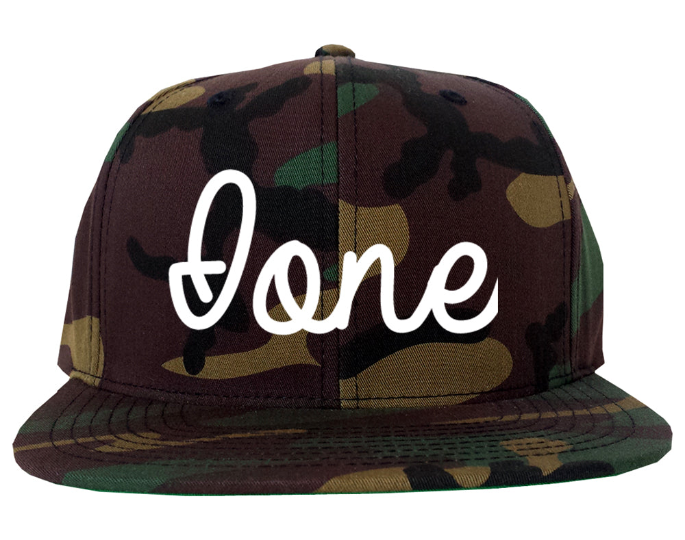 Ione California CA Script Mens Snapback Hat Army Camo