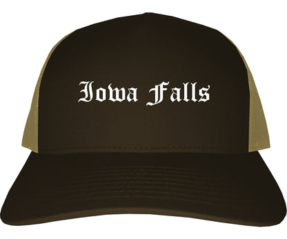 Iowa Falls Iowa IA Old English Mens Trucker Hat Cap Brown