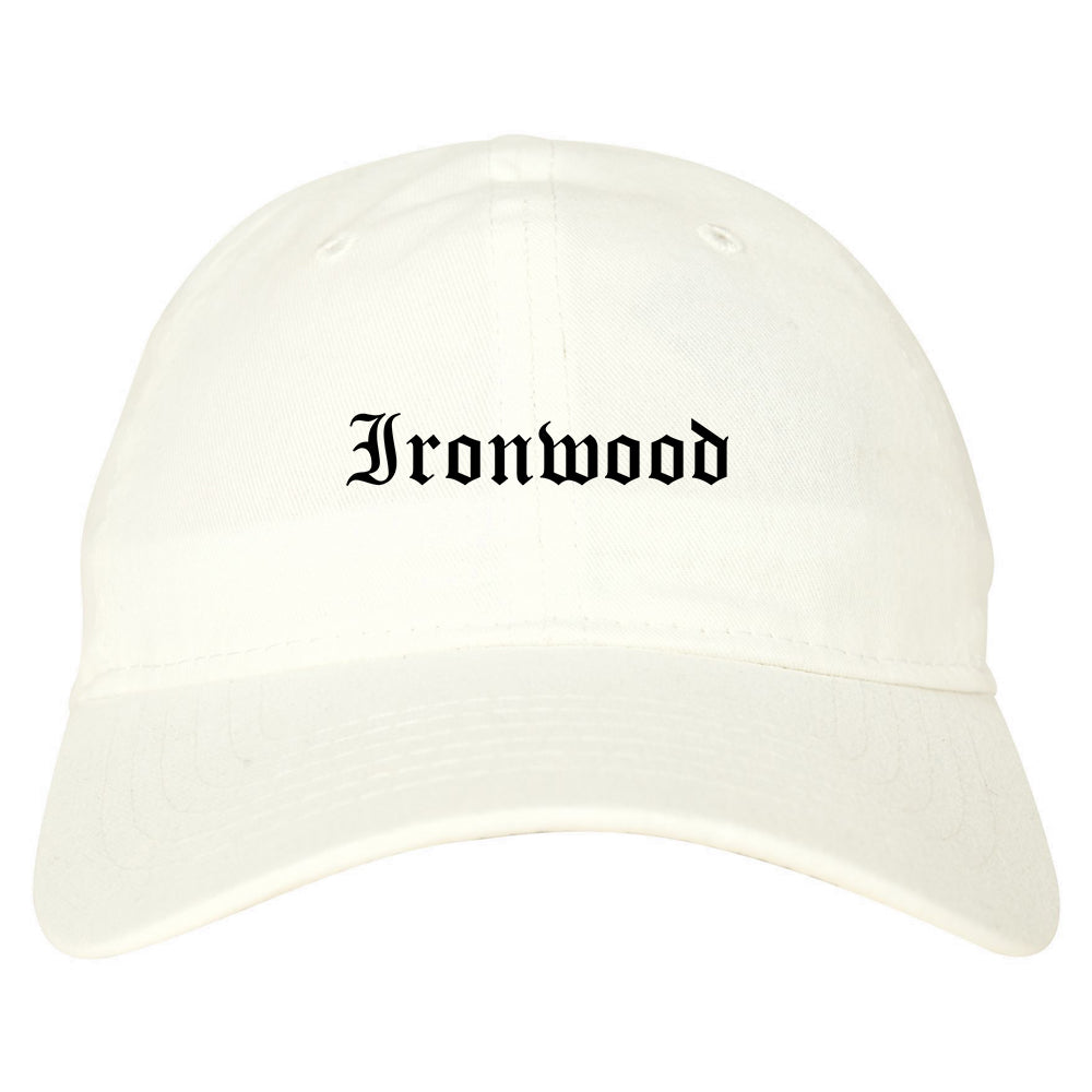 Ironwood Michigan MI Old English Mens Dad Hat Baseball Cap White