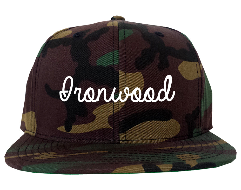 Ironwood Michigan MI Script Mens Snapback Hat Army Camo