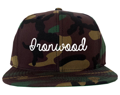 Ironwood Michigan MI Script Mens Snapback Hat Army Camo