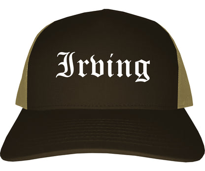 Irving Texas TX Old English Mens Trucker Hat Cap Brown