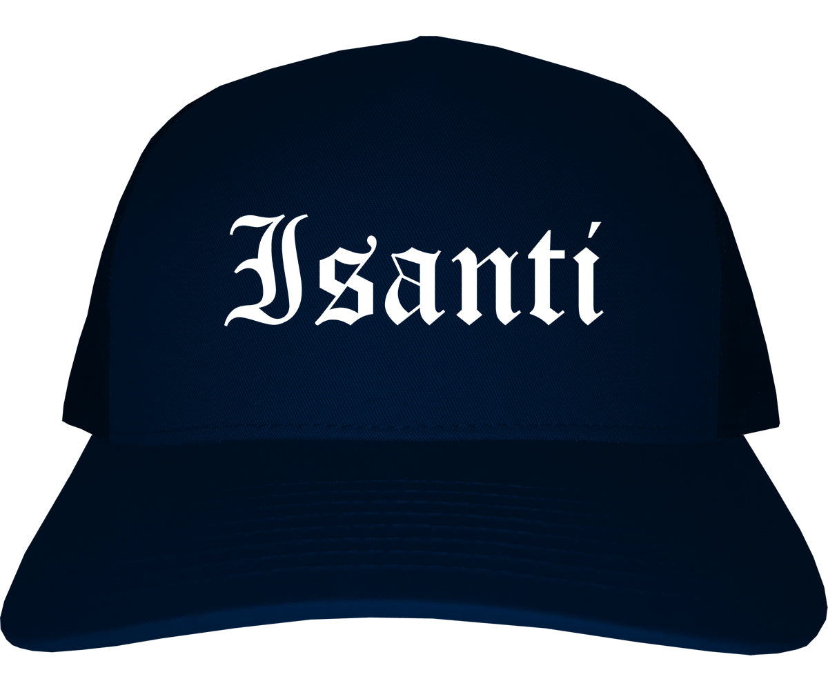 Isanti Minnesota MN Old English Mens Trucker Hat Cap Navy Blue