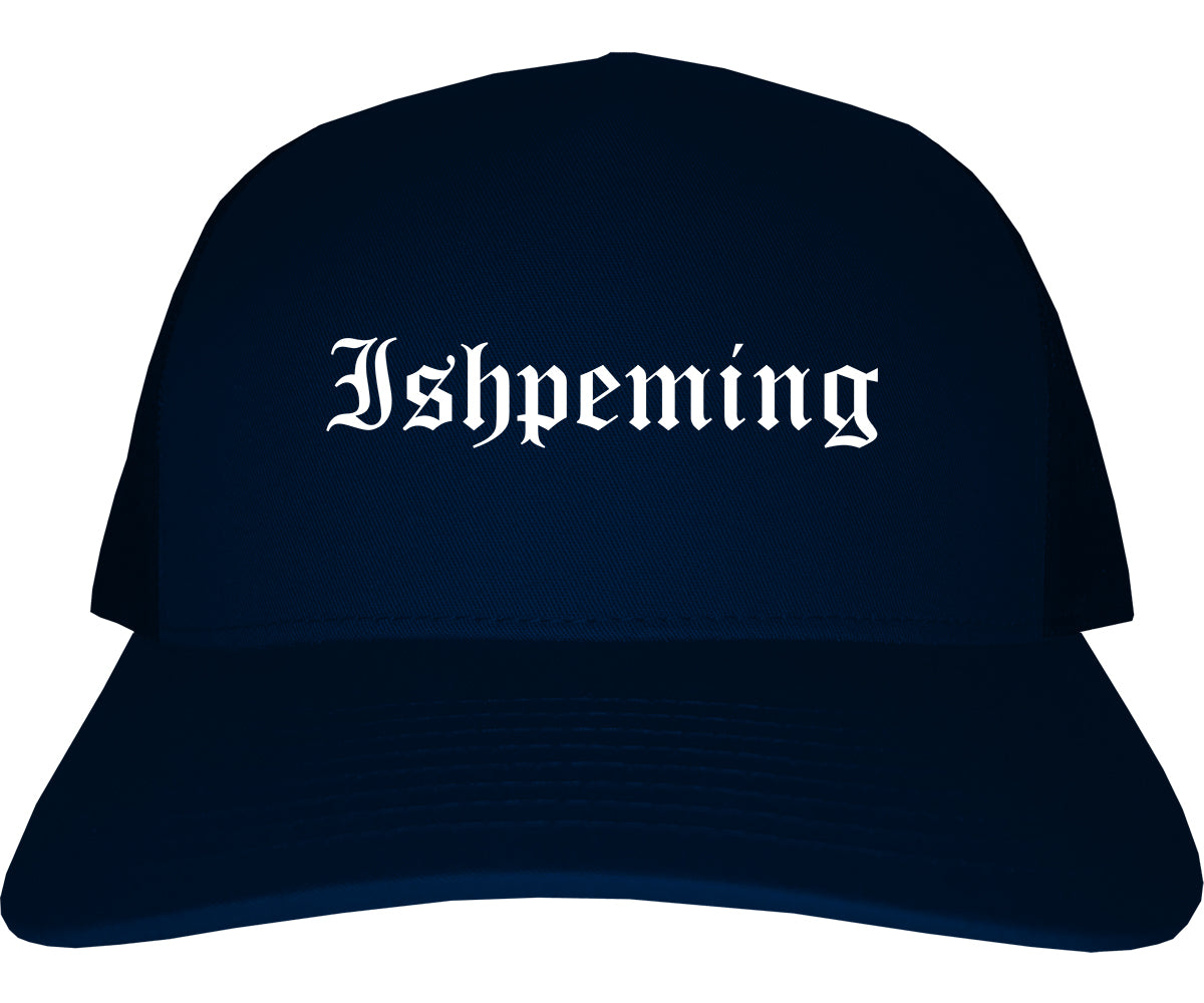 Ishpeming Michigan MI Old English Mens Trucker Hat Cap Navy Blue