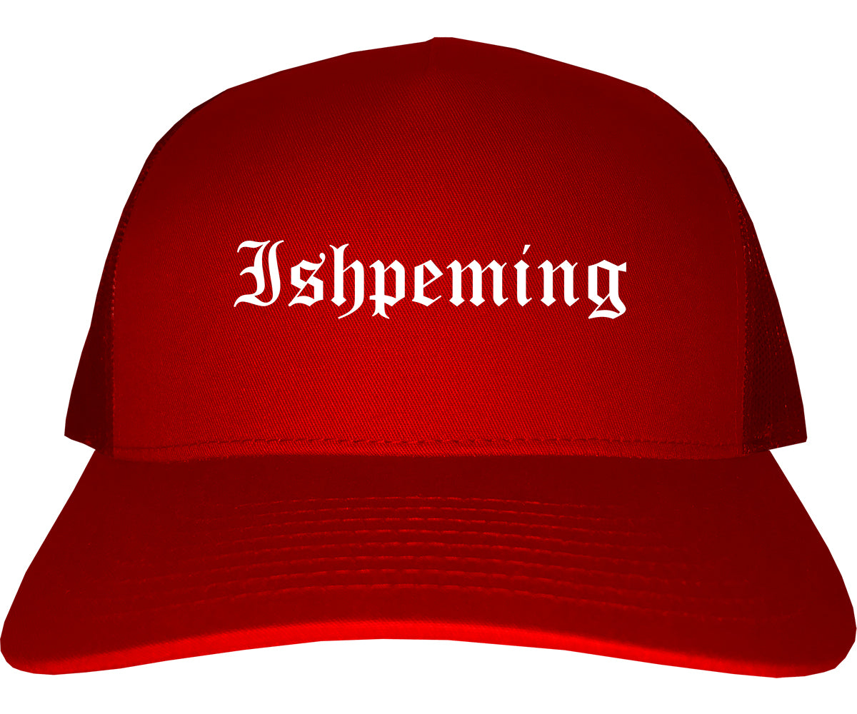 Ishpeming Michigan MI Old English Mens Trucker Hat Cap Red
