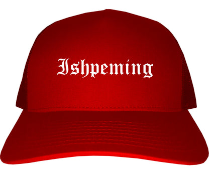 Ishpeming Michigan MI Old English Mens Trucker Hat Cap Red