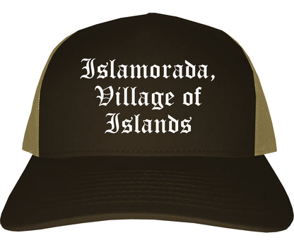 Islamorada, Village of Islands Florida FL Old English Mens Trucker Hat Cap Brown