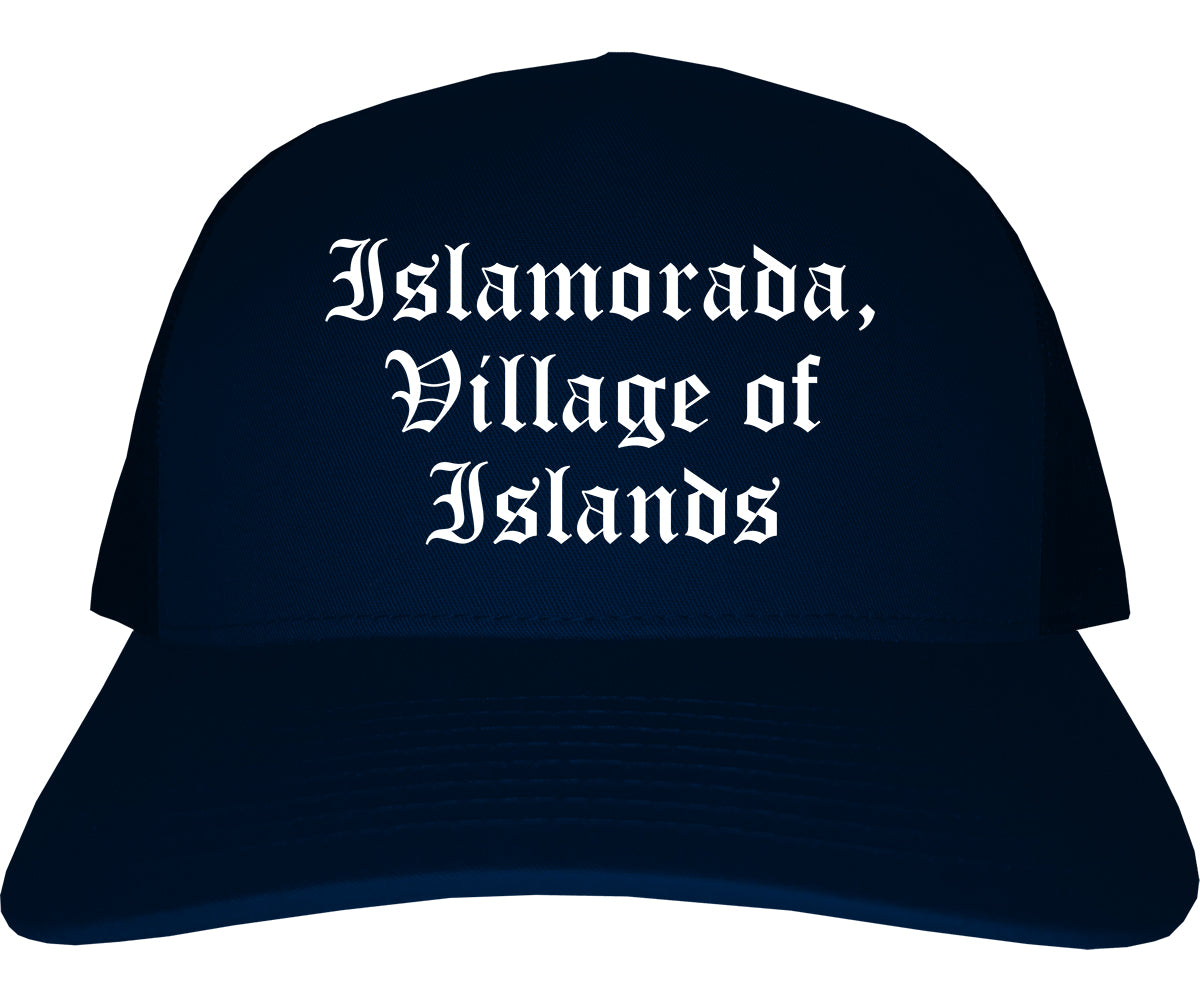 Islamorada, Village of Islands Florida FL Old English Mens Trucker Hat Cap Navy Blue