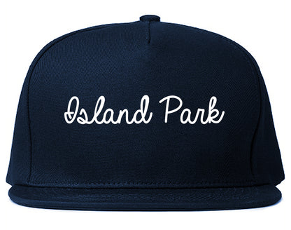 Island Park New York NY Script Mens Snapback Hat Navy Blue