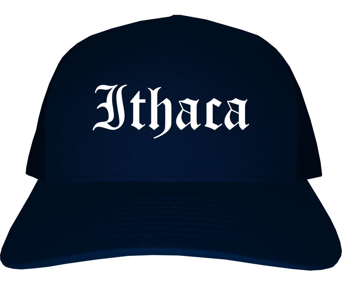 Ithaca New York NY Old English Mens Trucker Hat Cap Navy Blue