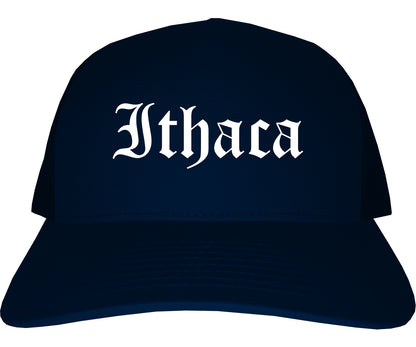 Ithaca New York NY Old English Mens Trucker Hat Cap Navy Blue